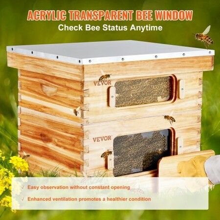 Bee Hive 20 Frame Bee Hives Starter Kit, Beeswax Coated Cedar Wood, 1 Deep + 1 Medium Bee Boxes Langstroth Beehive Kit, Transparent Acrylic Windows with Foundations for Beginners Pro Beekeepers