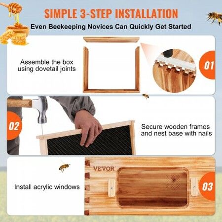 Bee Hive 20 Frame Bee Hives Starter Kit, Beeswax Coated Cedar Wood, 1 Deep + 1 Medium Bee Boxes Langstroth Beehive Kit, Transparent Acrylic Windows with Foundations for Beginners Pro Beekeepers