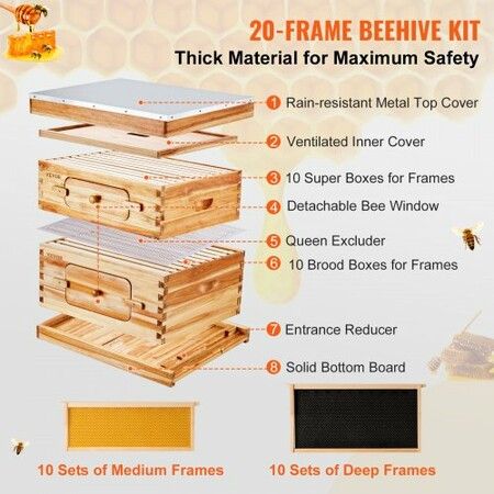 Bee Hive 20 Frame Bee Hives Starter Kit, Beeswax Coated Cedar Wood, 1 Deep + 1 Medium Bee Boxes Langstroth Beehive Kit, Transparent Acrylic Windows with Foundations for Beginners Pro Beekeepers