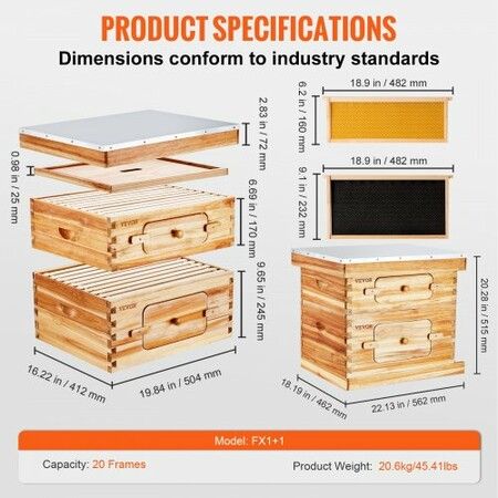 Bee Hive 20 Frame Bee Hives Starter Kit, Beeswax Coated Cedar Wood, 1 Deep + 1 Medium Bee Boxes Langstroth Beehive Kit, Transparent Acrylic Windows with Foundations for Beginners Pro Beekeepers