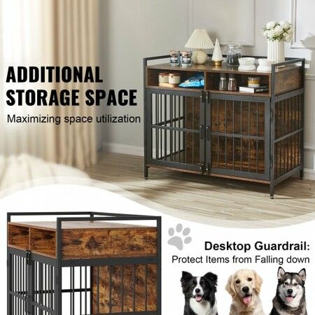 Furniture Style Dog Crate with Storage, 41 inch Dog Crate Furniture Large Breed with Double Doors, Wooden Dog Cage for Large/Medium Dog Indoor, Hold up to 70 lbs, Rustic Brown