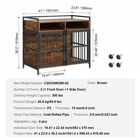 Furniture Style Dog Crate with Storage, 41 inch Dog Crate Furniture Large Breed with Double Doors, Wooden Dog Cage for Large/Medium Dog Indoor, Hold up to 70 lbs, Rustic Brown