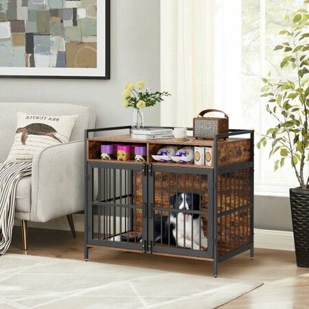 Furniture Style Dog Crate with Storage, 41 inch Dog Crate Furniture Large Breed with Double Doors, Wooden Dog Cage for Large/Medium Dog Indoor, Hold up to 70 lbs, Rustic Brown