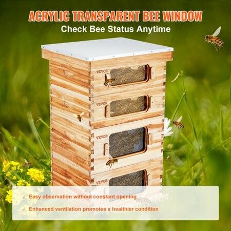 Bee Hive 40 Frame Bee Hives Starter Kit, Beeswax Coated Cedar Wood, 2 Deep + 2 Medium Bee Boxes Langstroth Beehive Kit, Transparent Acrylic Windows with Foundations for Beginners Pro Beekeepers