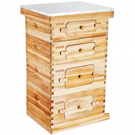 Bee Hive 40 Frame Bee Hives Starter Kit, Beeswax Coated Cedar Wood, 2 Deep + 2 Medium Bee Boxes Langstroth Beehive Kit, Transparent Acrylic Windows with Foundations for Beginners Pro Beekeepers