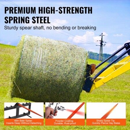 49" Hay Spear, Bale Spears 726kg Loading Capacity, Skid Steer Loader Tractor Attachment with 2pcs 17.5" Stabilizer Spears, Quick Attach Spike Forks