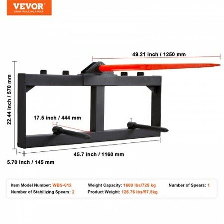 49" Hay Spear, Bale Spears 726kg Loading Capacity, Skid Steer Loader Tractor Attachment with 2pcs 17.5" Stabilizer Spears, Quick Attach Spike Forks