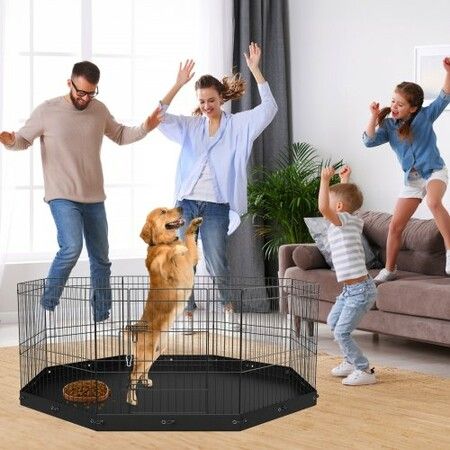 Dog Playpen, 8 Panels Foldable Metal Dog Exercise Pen with Bottom Pad, 24" H Pet Fence Puppy Crate Kennel with Ground Stakes, Indoor Outdoor Dog Pen for Small Medium Pets, for Camping, Yard