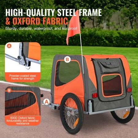 Dog Bike Trailer, Supports up to 30 kg, Pet Cart Bicycle Carrier, Easy Folding Frame with Quick Release Wheels, Universal Bicycle Coupler, Reflectors, Flag, Collapsible to Store, Orange/Gray