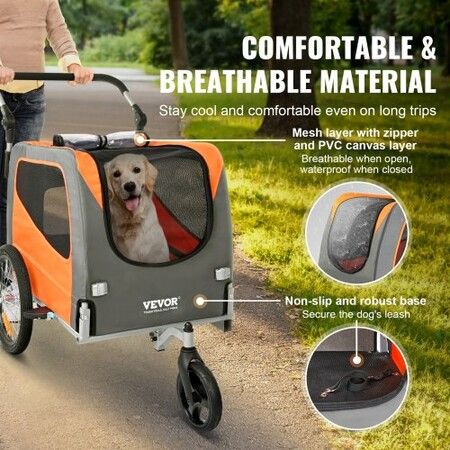 Dog Bike Trailer, Supports up to 30 kg, 2-in-1 Pet Stroller Cart Bicycle Carrier, Easy Folding Cart Frame with Quick Release Wheels, Universal Bicycle Coupler, Reflectors, Flag, Orange/Gray