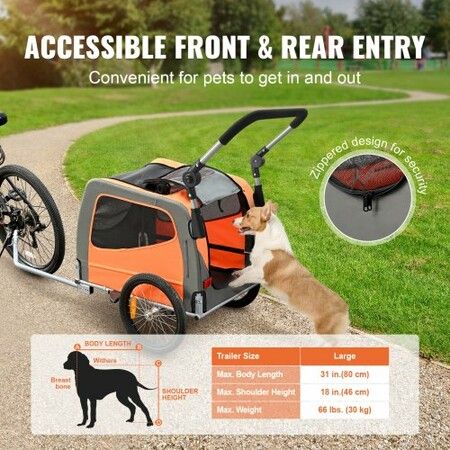 Dog Bike Trailer, Supports up to 30 kg, 2-in-1 Pet Stroller Cart Bicycle Carrier, Easy Folding Cart Frame with Quick Release Wheels, Universal Bicycle Coupler, Reflectors, Flag, Orange/Gray