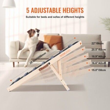 Dog Ramp, Folding Pet Ramp for Bed, Adjustable Dog Ramp for Small, Large, Old Dogs & Cats, Wooden Pet Ramp with 39.3" Long Ramp, Adjustable from 15" to 22", Suitable for Couch, Sofa, Car