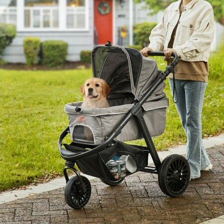 Pet Stroller, 3 PU Wheels Dog Stroller Rotate with Brakes, 75 lbs Weight Capacity, Puppy Stroller with Pet Pad, Storage Basket and External Cup Holder, for Small to Medium Sized Dogs, Grey