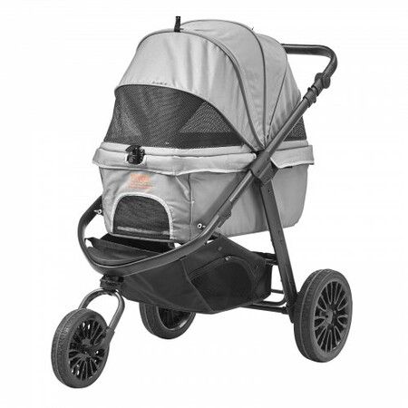 Pet Stroller, 3 PU Wheels Dog Stroller Rotate with Brakes, 75 lbs Weight Capacity, Puppy Stroller with Pet Pad, Storage Basket and External Cup Holder, for Small to Medium Sized Dogs, Grey