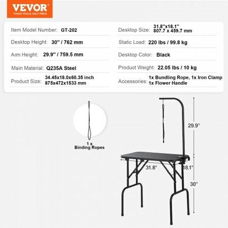 Pet Grooming Table Arm with Clamp, 808 x 460 mm Dog Grooming Station, Foldable Pets Grooming Stand for Medium and Small Dogs, Free No Sit Haunch Holder with Grooming Loop, Bearing 99.8kg