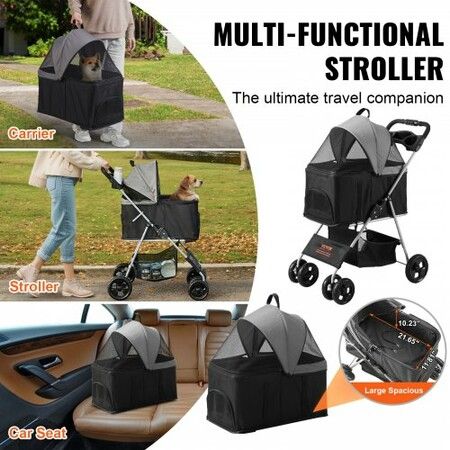 Pet Stroller, 4 Wheels Dog Stroller Rotate with Brakes, 35lbs Weight Capacity, Puppy Stroller with Detachable Carrier, Storage Basket and Cup Holder, for Dogs and Cats Travel, Black+Dark Grey