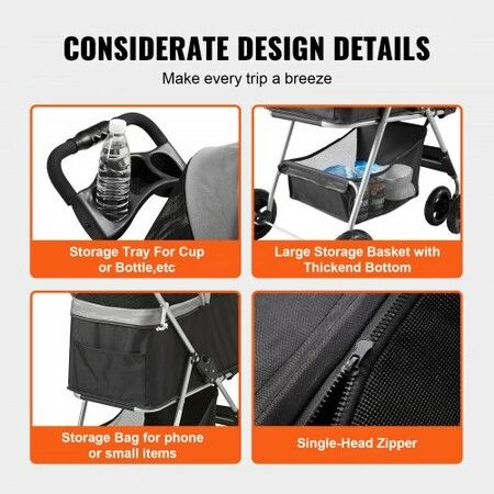 Pet Stroller, 4 Wheels Dog Stroller Rotate with Brakes, 35lbs Weight Capacity, Puppy Stroller with Detachable Carrier, Storage Basket and Cup Holder, for Dogs and Cats Travel, Black+Dark Grey