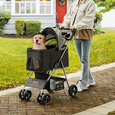 Pet Stroller, 4 Wheels Dog Stroller Rotate with Brakes, 35lbs Weight Capacity, Puppy Stroller with Detachable Carrier, Storage Basket and Cup Holder, for Dogs and Cats Travel, Black+Dark Grey