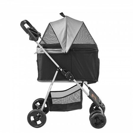 Pet Stroller, 4 Wheels Dog Stroller Rotate with Brakes, 35lbs Weight Capacity, Puppy Stroller with Detachable Carrier, Storage Basket and Cup Holder, for Dogs and Cats Travel, Black+Dark Grey