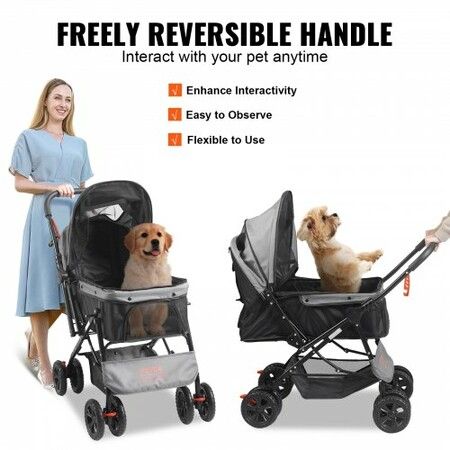 Pet Stroller, 4 Wheels Dog Stroller Rotate with Brakes, 44lbs Weight Capacity, Puppy Stroller with Reversible Handlebar, Storage Basket and Zipper, for Dogs and Cats Travel, Black+Grey