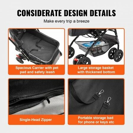 Pet Stroller, 4 Wheels Dog Stroller Rotate with Brakes, 44lbs Weight Capacity, Puppy Stroller with Reversible Handlebar, Storage Basket and Zipper, for Dogs and Cats Travel, Black+Grey