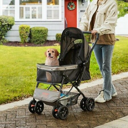 Pet Stroller, 4 Wheels Dog Stroller Rotate with Brakes, 44lbs Weight Capacity, Puppy Stroller with Reversible Handlebar, Storage Basket and Zipper, for Dogs and Cats Travel, Black+Grey