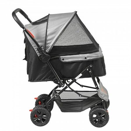 Pet Stroller, 4 Wheels Dog Stroller Rotate with Brakes, 44lbs Weight Capacity, Puppy Stroller with Reversible Handlebar, Storage Basket and Zipper, for Dogs and Cats Travel, Black+Grey