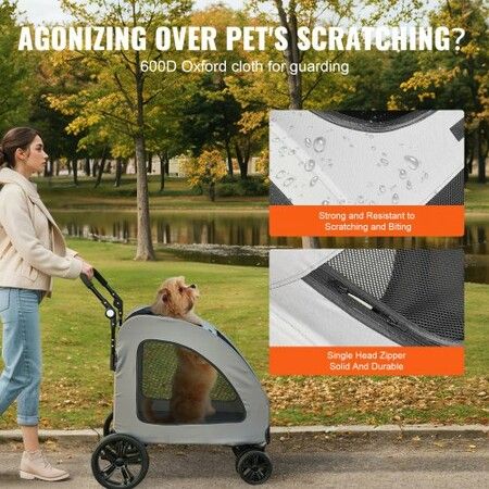 Pet Stroller, 4 Wheels Dog Stroller Rotate with Brakes, 160lbs Weight Capacity, Puppy Stroller with Breathable Mesh Windows and Height-Adjustable Height, for Medium and Large Dogs, Dark Grey