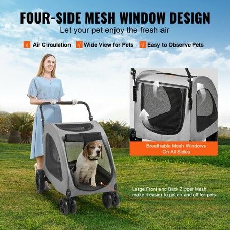 Pet Stroller, 4 Wheels Dog Stroller Rotate with Brakes, 160lbs Weight Capacity, Puppy Stroller with Breathable Mesh Windows and Height-Adjustable Height, for Medium and Large Dogs, Dark Grey