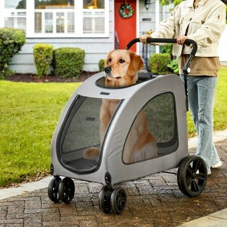 Pet Stroller, 4 Wheels Dog Stroller Rotate with Brakes, 160lbs Weight Capacity, Puppy Stroller with Breathable Mesh Windows and Height-Adjustable Height, for Medium and Large Dogs, Dark Grey