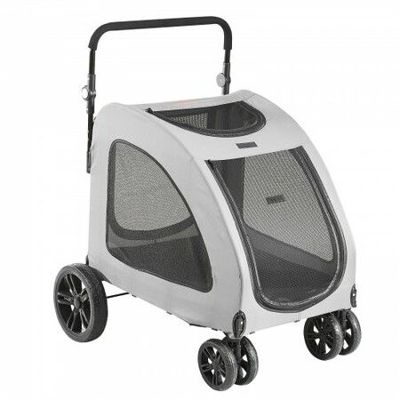 Pet Stroller, 4 Wheels Dog Stroller Rotate with Brakes, 160lbs Weight Capacity, Puppy Stroller with Breathable Mesh Windows and Height-Adjustable Height, for Medium and Large Dogs, Dark Grey