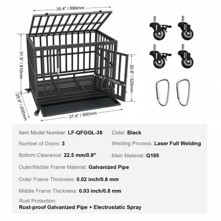 Heavy Duty Dog Crate 38 in Metal Dog Kennel with Wheels and Removable Tray