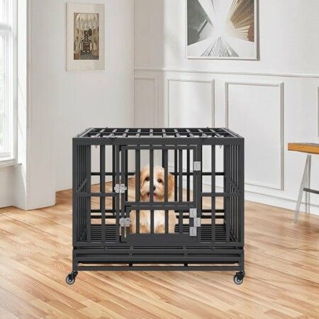 Heavy Duty Dog Crate 38 in Metal Dog Kennel with Wheels and Removable Tray