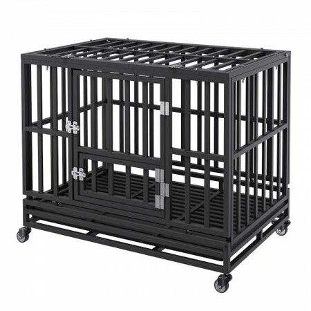 Heavy Duty Dog Crate 38 in Metal Dog Kennel with Wheels and Removable Tray