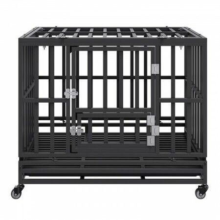 Heavy Duty Dog Crate 38 in Metal Dog Kennel with Wheels and Removable Tray