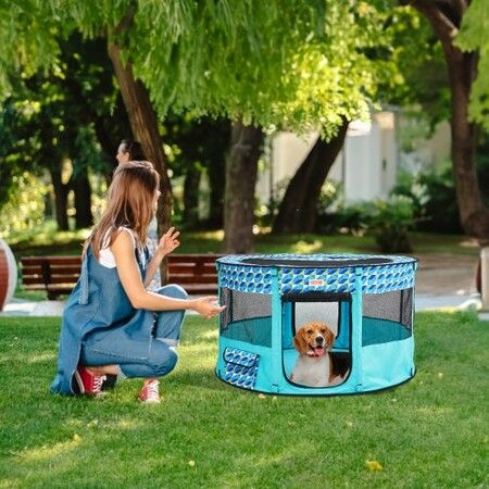 Foldable Pet Playpen, 44'' x 44'' x 24'' Portable Dog Playpen, Crate Kennel for Puppy, Dog, Cat, Waterproof 600D Oxford Cloth, Removable Zipper, for Indoor Outdoor Travel Camping (Round, L)