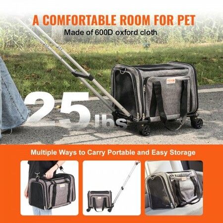 Cat Carrier with Wheels Airline Approved Rolling Pet Carrier 25 lbs Grey