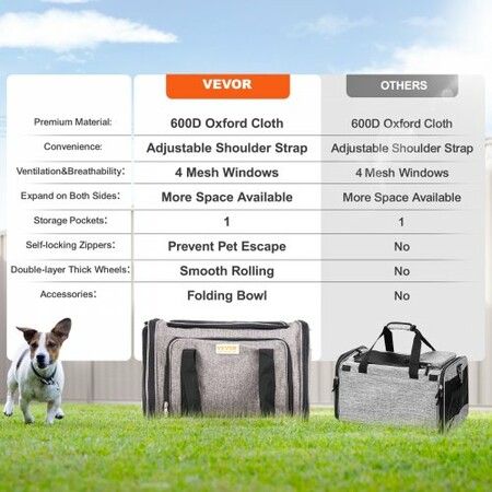 Cat Carrier with Wheels Airline Approved Rolling Pet Carrier 25 lbs Grey