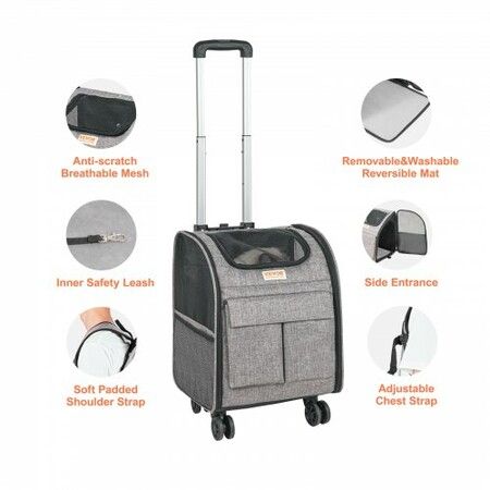 Cat Carrier with Wheels Rolling Pet Carrier with Handle 18 lbs Grey