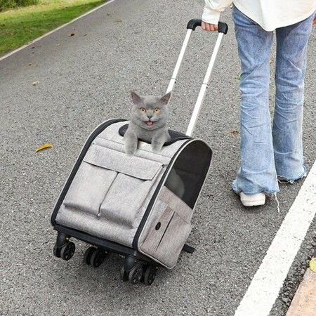 Cat Carrier with Wheels Rolling Pet Carrier with Handle 18 lbs Grey