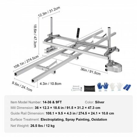 Chainsaw Mill 14"-36" Guide Bar and 9 ft Aluminum Rail Mill Guide System