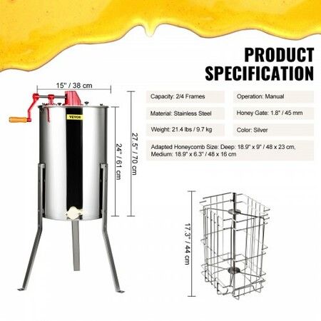 Manual Honey Extractor, 2/4 Frames Honey Spinner Extractor, Stainless Steel Beekeeping Extraction, Honeycomb Drum Spinner with Lid, Apiary Centrifuge Equipment with Height Adjustable Stand