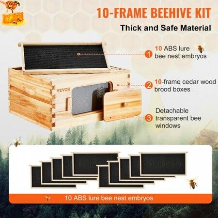 Bee Hive Deep Box Starter Kit, 100% Beeswax Coated Natural Cedar Wood, Langstroth Beehive Kit with 10 Frames and Foundations, Transparent Acrylic Bee Windows for Beginners and Pro Beekeepers