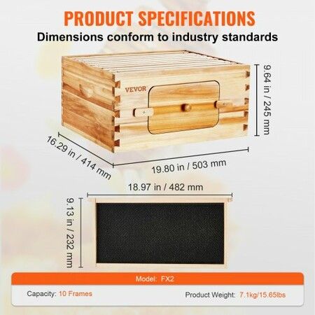 Bee Hive Deep Box Starter Kit, 100% Beeswax Coated Natural Cedar Wood, Langstroth Beehive Kit with 10 Frames and Foundations, Transparent Acrylic Bee Windows for Beginners and Pro Beekeepers