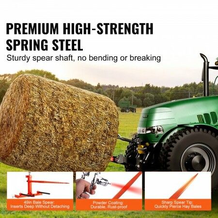 49" Hay Spear, Bale Spears 726kg Loading Capacity, Three-Point Hitch Tractor Attachment with 2pcs 17.5" Stabilizer Spears, Quick Attach Spike Forks