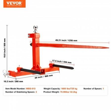 49" Hay Spear, Bale Spears 726kg Loading Capacity, Three-Point Hitch Tractor Attachment with 2pcs 17.5" Stabilizer Spears, Quick Attach Spike Forks