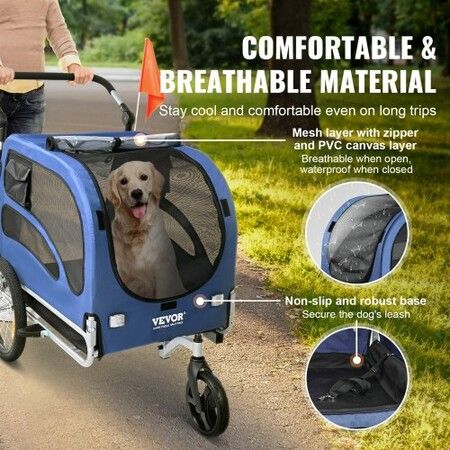 Dog Bike Trailer, Supports up to 45 kg, 2-in-1 Pet Stroller Cart Bicycle Carrier, Easy Folding Cart Frame with Quick Release Wheels, Universal Bicycle Coupler, Reflectors, Flag, Blue/Black