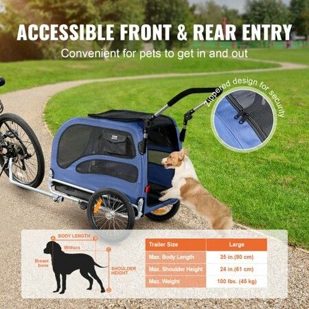 Dog Bike Trailer, Supports up to 45 kg, 2-in-1 Pet Stroller Cart Bicycle Carrier, Easy Folding Cart Frame with Quick Release Wheels, Universal Bicycle Coupler, Reflectors, Flag, Blue/Black