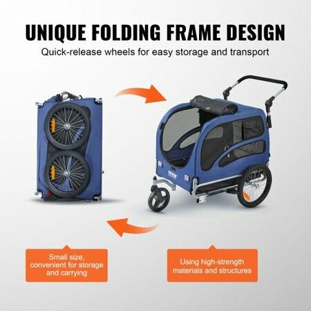 Dog Bike Trailer, Supports up to 45 kg, 2-in-1 Pet Stroller Cart Bicycle Carrier, Easy Folding Cart Frame with Quick Release Wheels, Universal Bicycle Coupler, Reflectors, Flag, Blue/Black