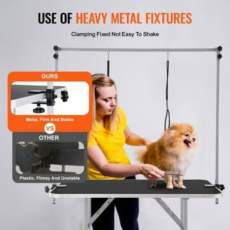 Pet Grooming Table Two Arms with Clamp, 117cm Dog Grooming Station, Foldable Pets Grooming Stand for Medium and Small Dogs, Free Two No Sit Haunch Holder with Grooming Loop, Bearing 149.7kg